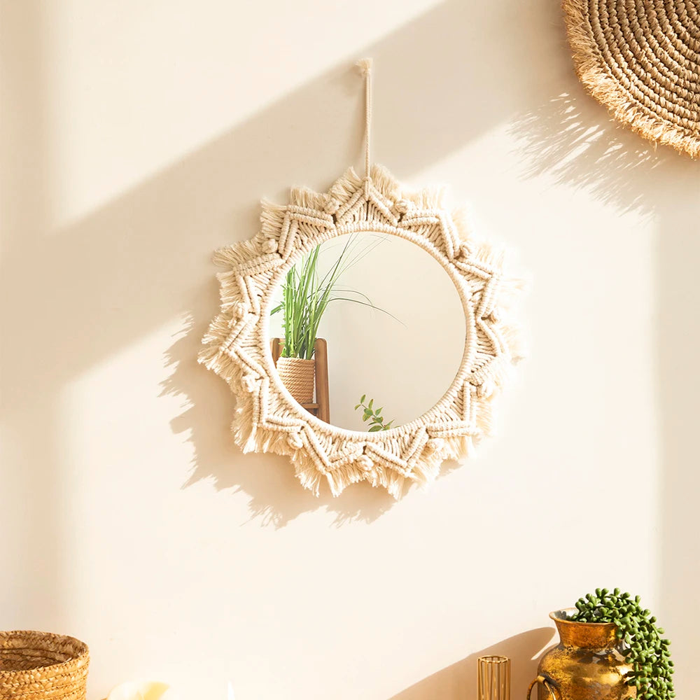 Boho Macrame Round Mirror Decorative Mirrors Aesthetic Room Decor Hanging Wall Mirror for Bedroom Living Room House Decoration