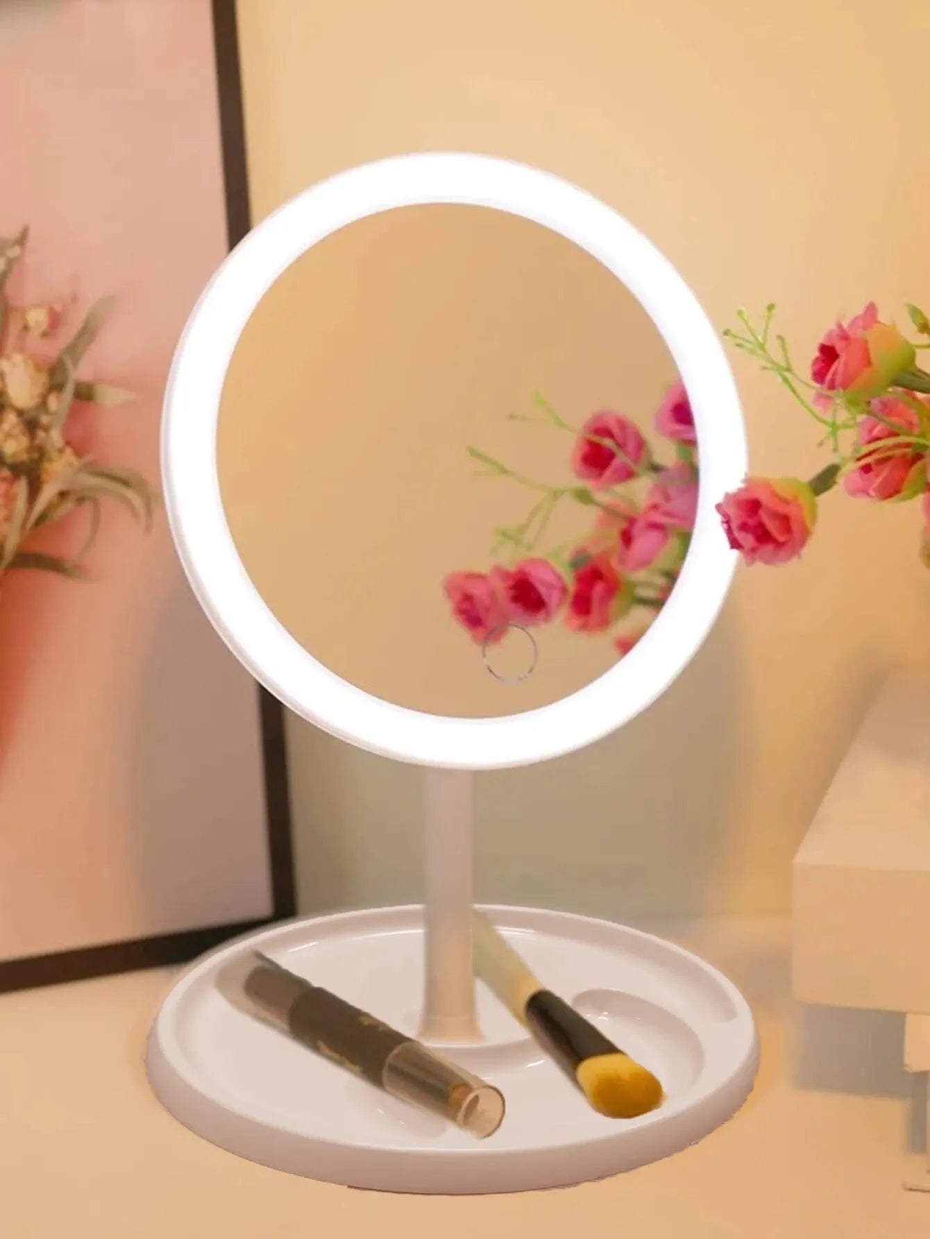 Makeup Mirror With Light USB Rechargeable White Pink LED Daylight Vanity Mirror 3 Lighting Modes Detachable Storage Base Mirror