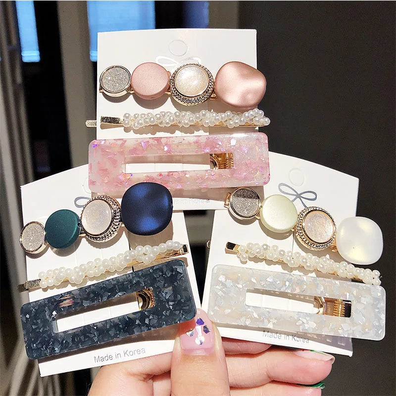 Korean Fashion Acrylic Barrette Set For Women Girl Hair Accessories Vintage Geometric Transparent Sequins Hollow Hair Pins Clips